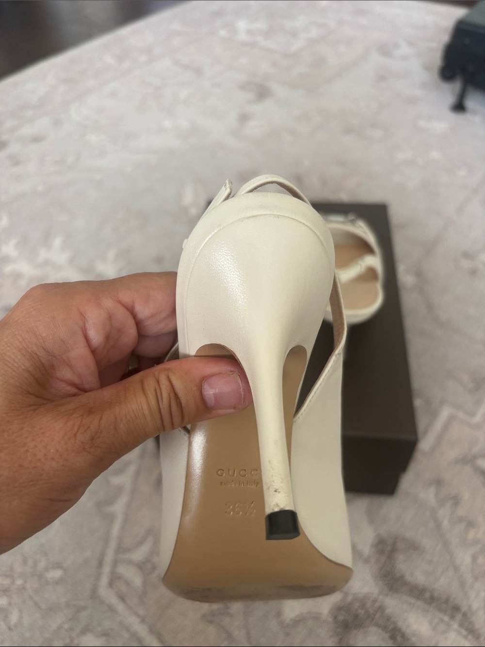 Gucci Cream Leather Peep-Toe Slingback Heels with Silver Tags - Picture 5 of 7